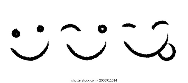 Doodle smile collection isolated on white background. Simple happy faces. Cartoon emotions.