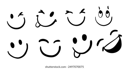 Doodle smile collection isolated on white background. Simple happy faces. Cartoon emotions