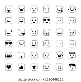 Doodle smile Emoji outline silhouette vector collection. Image emoticon, doodling emotional faces. Fun pictograms, isolated outline laugh sad expression set, digital chat objects vector icons set