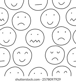 Doodle Smile Face Seamless Pattern. Sketch Emoji Wallpaper. Surface Hand Drawn Design for Textile Fabric Print