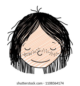 doodle smile girl head with hairstyle and closed eyes