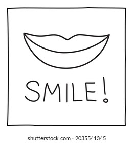 Doodle smile icon or logo, hand drawn with thin black line.