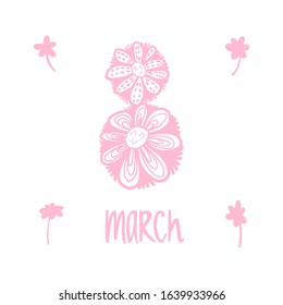 Doodle smile number eight. Vector hand-drawing greeting card with smile flowers. Doodle flowers greeting card pink on a white background. For March 8, International Women's Day.