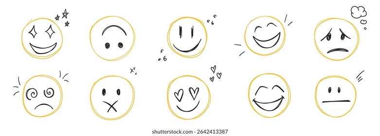 Doodle smiley face icon set. Kids hand drawn sketch. Emoticons with different emotion. Laugh, neutral, mute, happy, in love, smiling scribble. Freehand drawing comic isolated vector illustration