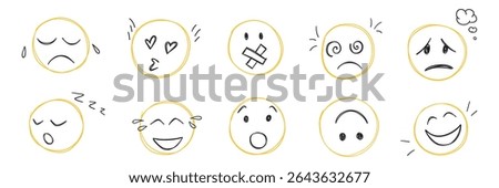 Doodle smiley face icon set. Kids hand drawn sketch. Emoticons with different emotion. Laugh, crying, mute, happy, sleep, smiling scribble. Freehand drawing comic isolated vector illustration