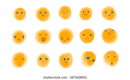 Doodle smiley. Hand drawn watercolor sketch, cute funny emotions. Minimal anthropomorphic faces on yellow blurred spot of paint. Isolated mockup of various facial expressions, vector web stickers set