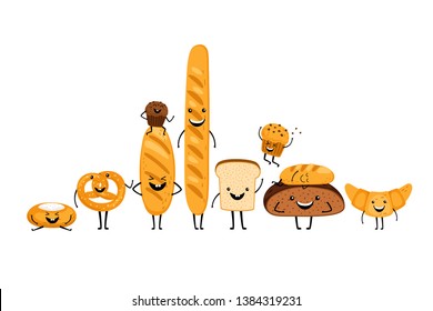 Doodle smiling bread characters set isolated on white background. Vector illustration