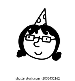 Doodle smiling child in a party cap. Hand-drawn baby face isolated on white background. Human cute festive Avatar. Cartoon person. Girl portrait. Happy kid with glasses. Vector birthday illustration