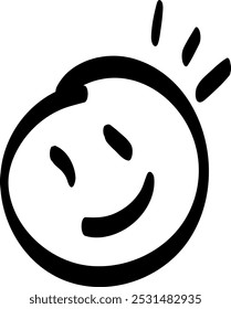 Doodle of a smiling face with closed eyes and three lines above the head indicating excitement. Simple and joyful design suitable for various graphic and emotive contexts.