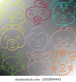 doodle smiling face head animal set colorful brush stroke seamless geometric graphic watercolor pastel  artwork deoration vector ethnic simple template wallpaper print fabric pattern 
