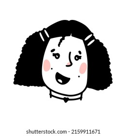 Doodle smiling girl face. Hand-drawn human isolated on white background. Funny Avatar. Cartoon curly woman with dimples, hair clip, choker. Female portrait. Hairstyle, emotions. Vector illustration