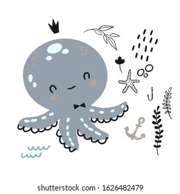 Doodle smiling octopus for childish design. Underwater marine animal with crab, seaplant, anchor and starfish. Scandinavian style vector pattern.