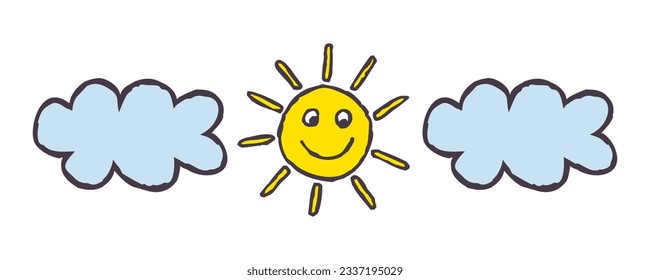 Doodle lächelnde Sonne mit Wolken. Farbiges handgezeichnetes Sonne- und Wolkenwettersymbol