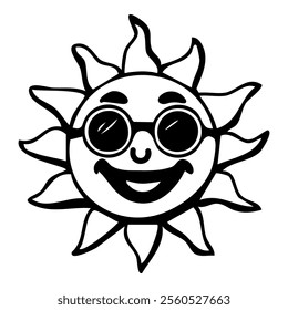 Doodle smiling sun wearing sunglasses. Hand drawn vector sun rays, a cheerful expression, bold outlines, and a playful design.