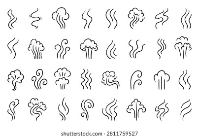 Doodle smoke effects. Black steam and clouds of smoking or fog. Comic cartoon explosion effect. Simple abstract smell lines design, neoteric vector clipart