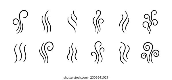 Rauchdoodle-Symbole gesetzt. Wasserdampfsymbole. Handgezogene Heißdämpfe. Linienluft riecht Symbole. Das Dudelfeuer raucht die Symbole. Vektorgrafik einzeln auf weißem Hintergrund.