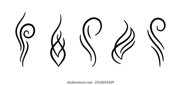 Rauchdoodle-Symbole gesetzt. Wasserdampfsymbole. Handgezogene Heißdämpfe. Linienluft riecht Symbole. Das Dudelfeuer raucht die Symbole. Vektorgrafik einzeln auf weißem Hintergrund.