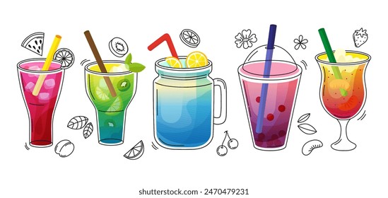 Licuados de garabatos. Fruta fresca y bebidas con bayas. Bebidas refrescantes dibujadas a mano, batido de verano en vidrio con hielo, conjunto de Vector neoteric