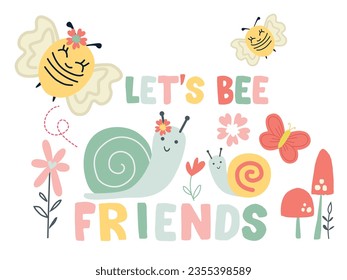 DOODLE SNAIL BUTTERFLY  BEES FRIENDS BOTANICAL GARDEN GRAPHIC FOR TEE SHIRTS AND TOPS DESIGNED FOR BABY GIRLS INFANT GIRLS AND TODDDLER GIRLS VECTOR ILLUSTRATION