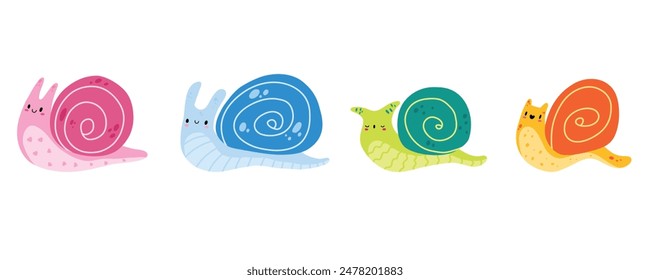 Doodle snail. Cartoon cute snail character collection. A children's illustration of a small snail. Stock vector illustration isolated on a white background.