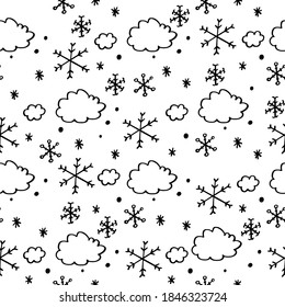 Doodle snow cloud sketch seamless pattern for nursery. Cartoon vector illustration. Cute graphic background. Print for kids. Scandinavian design for little baby room.