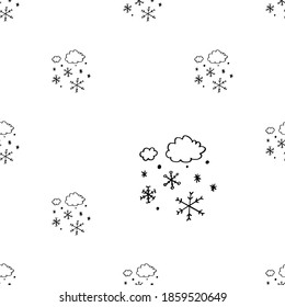 Doodle snow cloud sketch seamless pattern for nursery. Cartoon vector illustration. Cute graphic background. Print for kids. Scandinavian design for little baby room.