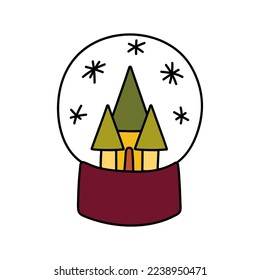 Doodle snow globe. Christmas, New Year's snow globe with a castle. Vector outline illustration