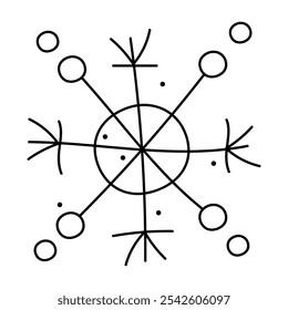 Doodle copo de nieve con círculo. Vector ilustración Clipart en blanco y negro.