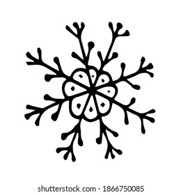 Doodle Schneeflocke. Handgezeichnet Vektorgrafik-Winterelement einzeln auf weißem Hintergrund. 