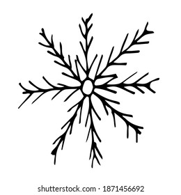 Doodle Schneeflocke. Handgezeichnet Vektorgrafik-Winterelement einzeln auf weißem Hintergrund. 