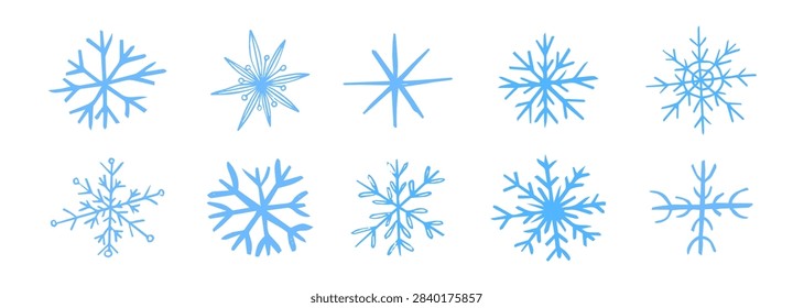 Doodle snowflake, hand drawn winter snowflake stars crayon scribble texture. Set retro y2k winter themes, holiday designs, and seasonal decorative graphics.