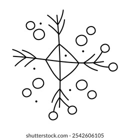 Doodle snowflake with rhombus and circles. Vector black and white clipart illustration.