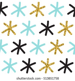 Doodle snowflake seamless background. Black, blue and gold snowflake. Abstract seamless pattern for card, invitation, poster, banner, diary, album, sketch book cover etc. Golden glitter texture.