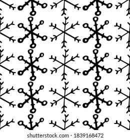 Doodle snowflake sketch seamless pattern for nursery. Cartoon vector illustration. Cute graphic background. Print for kids. Scandinavian design for little baby room.