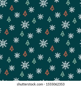 Doodle snowflakes and Christmas tree . Hand drawn Vector Seamless background, winter holiday theme.