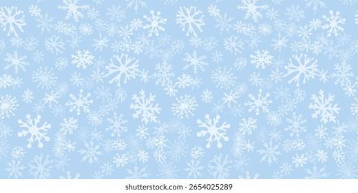 Doodle Snowflakes seamless pattern. Christmas snowfall simple blue background. White hand drawn snow. Winter snowy holiday New year christmas texture. Vector illustration for print wrapping paper card