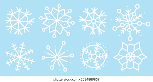 Juego de copos de nieve Doodle. Colección de copos de nieve dibujados a mano sobre fondo azul. Ilustraciones de invierno dibujadas a mano simples. Tarjeta de Navidad, feliz año Nuevo. Vector arte simple
