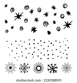 Doodle snowflakes and snowfall. Vector illustration. Design for Web, print, pattern, cover, article illustration, banner, postcard, post, copy space