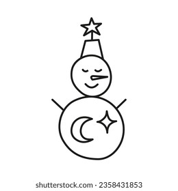 Doodle snowman character with moon and stars isolated on white background. Celestial New year symbol.