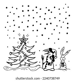 Árbol de Navidad Doodle Snowman, conejo de liebre, nevada. Arte de línea. Blanco y negro. Ilustración vectorial. Diseño para icono, emoticones, web, impresión, portada, banner, postal, post, espacio de copia