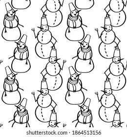 Patrón sin costuras de muñecos de nieve Doodle. Navidad y Año Nuevo con hombres de nieve. Papel pintado a mano de vacaciones. EPS 8