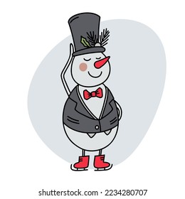 Doodle snowman in a top hat and a tailcoat.