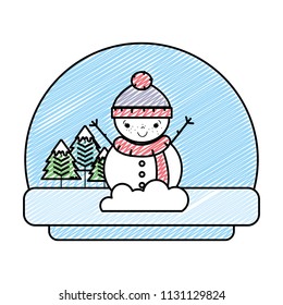 doodle snowman in the winter landscape with pine trees