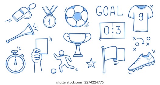 Doodle soccer element set. Football goal, award cup, soccer ball hand drawn line doodle sketch style equipment. Vector illustration