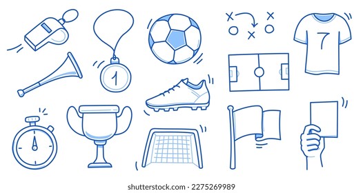 Juego de elementos de fútbol Doodle. Gol de fútbol, copa de premio, baloncesto de fútbol línea dibujada a mano doodle estilo equipo de sketch. Ilustración del vector