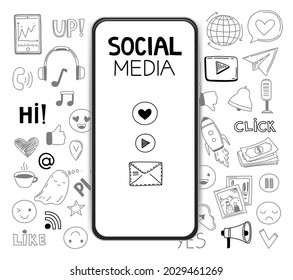 Doodle social media icons, realistic smartphone mockup. Conversation concept, world web network vector design