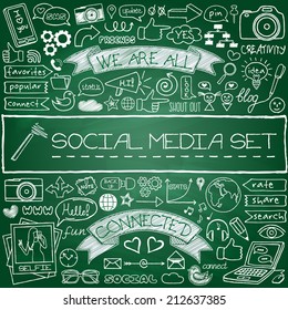 Doodle social media icons set with chalkboard effect. 
