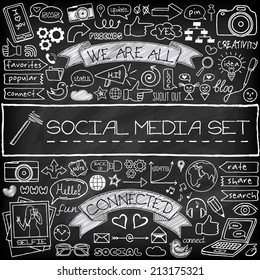 Doodle social media icons set with chalkboard effect