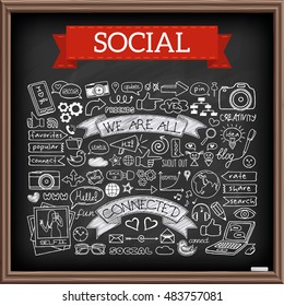 Doodle social media icons set and chalkboard effect  Networking concept and speech bubbles  mobile phone  tags and captions   other design elements