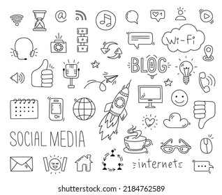 Doodle social media icons. Web design and digital content, blogging and sharing. Business company, marketing sketch elements. Communication classy vector signs